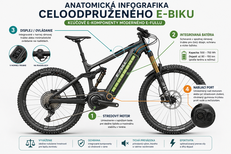 Grafický diagram 1: Anatomická infografika celoodpruženého e-biku