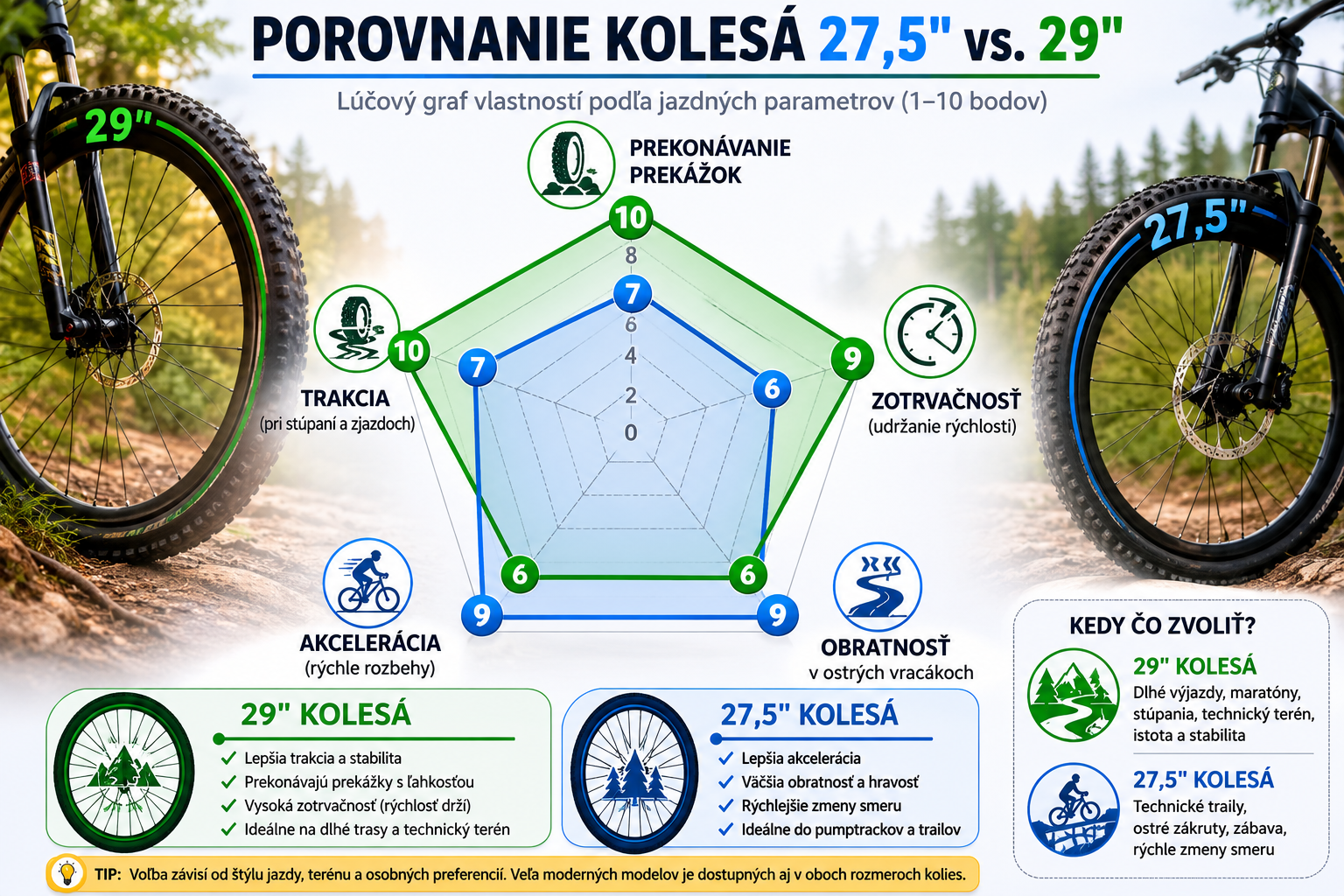 Porovnávací lúčový graf vlastností kolies 27,5" vs. 29"