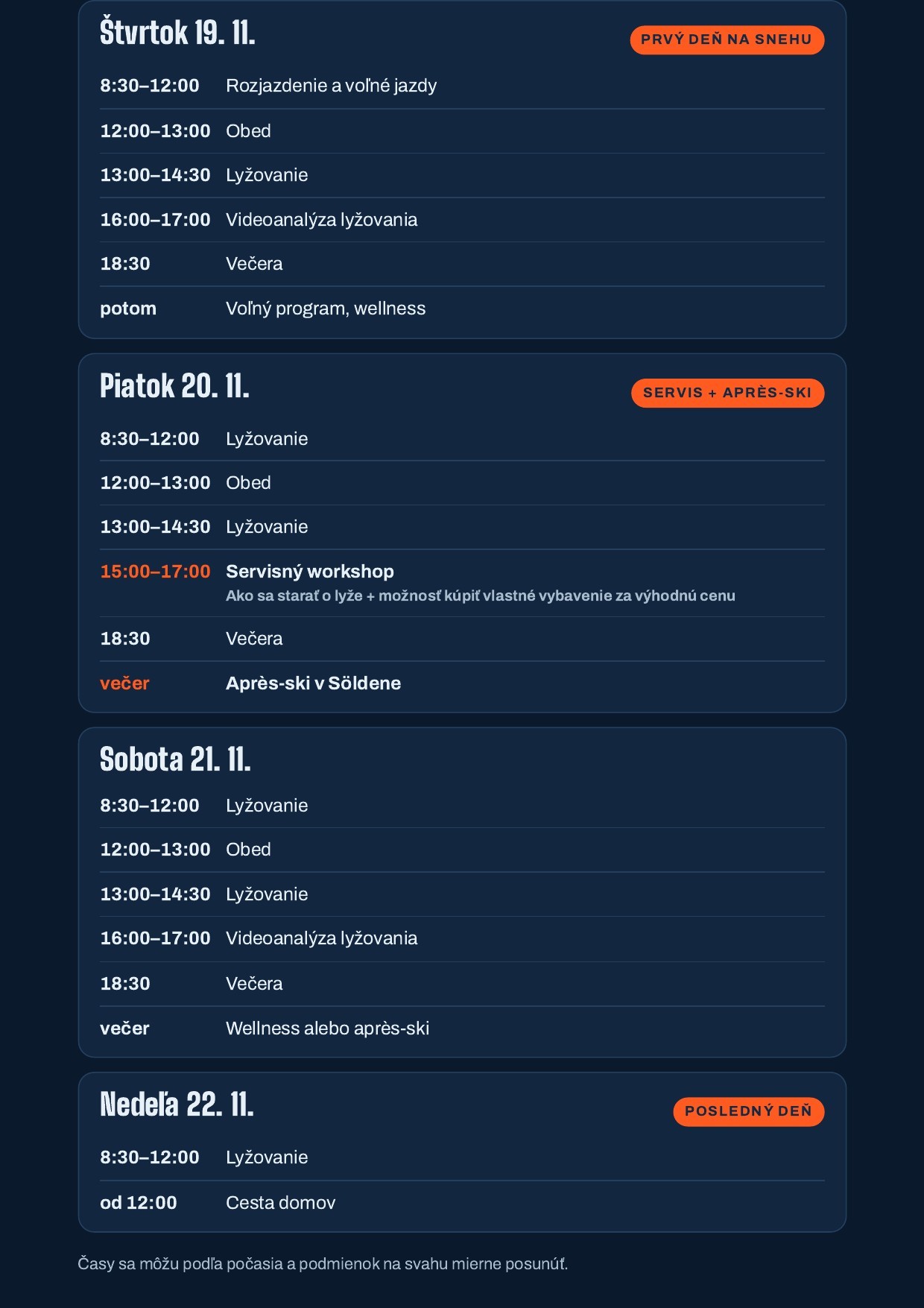 Program lyžiarskeho campu Sölden 18.–22. 11. 2026 deň po dni