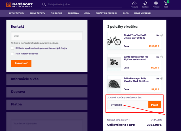 Využi kupón CYKLO250 na Príslušenstvo a Komponenty pri kúpe bajku nad 2500 €